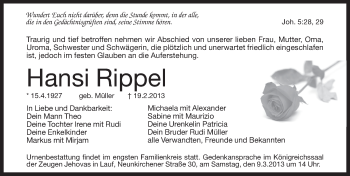 Traueranzeige von Hansi Rippel von Pegnitz-Zeitung